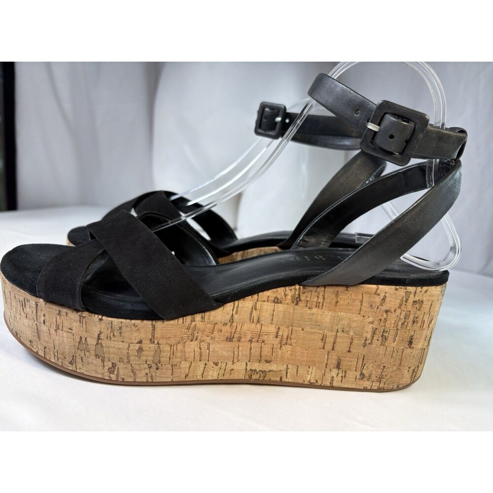 Gianni Bini Black Leather Strappy Wedge Sandals Ankle Strap Buckle Womens 9.5